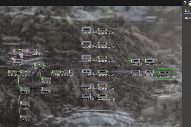 This is the final Touch Designer screen flow. It hold the 4 area of the inputs and the different dats, chops, and tops that make up the system.